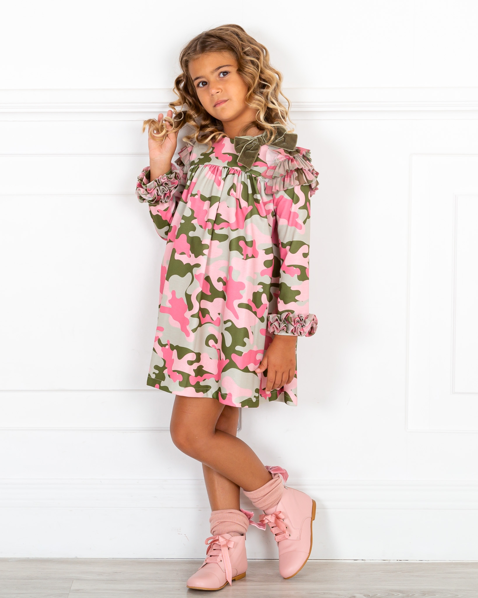 Mon Petit Bonbon Girls Military Green & Pink Camouflage Dress | Missbaby