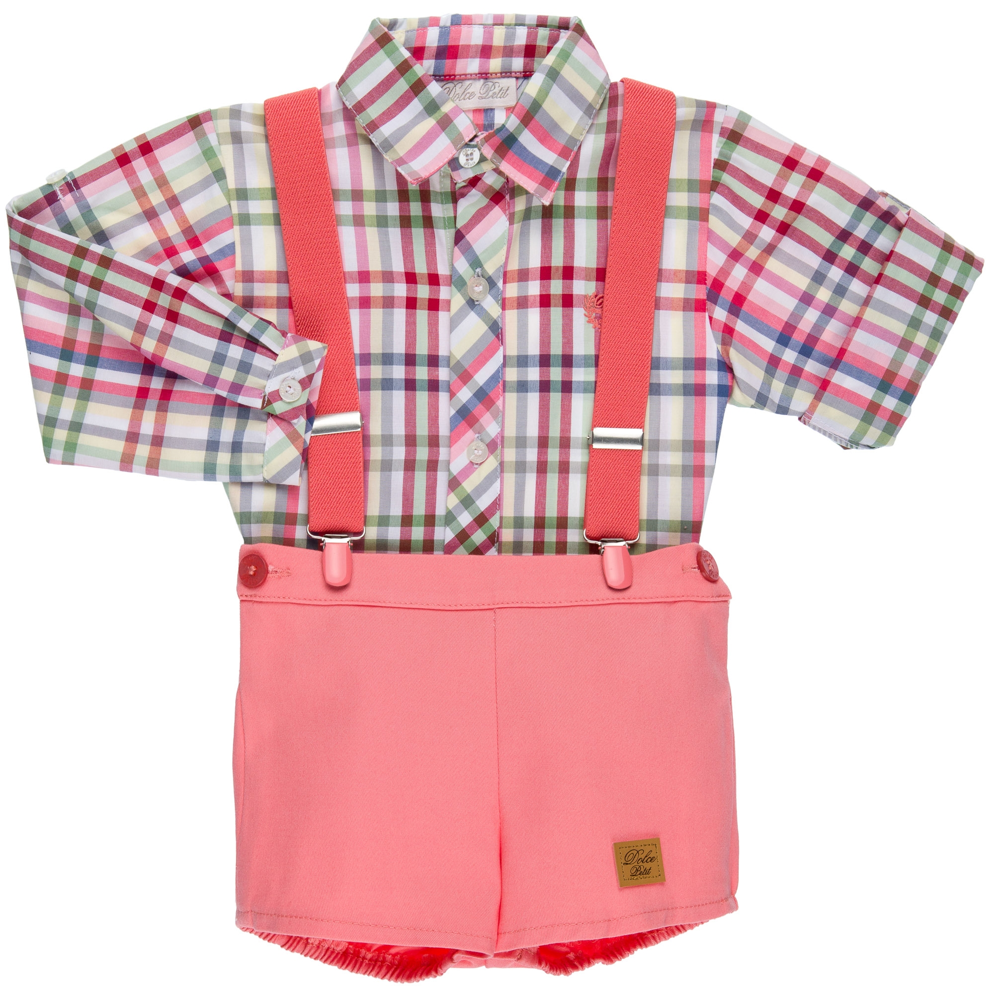 Dolce Petit Baby Boys Checked Shirt Coral Pink Piece Shorts