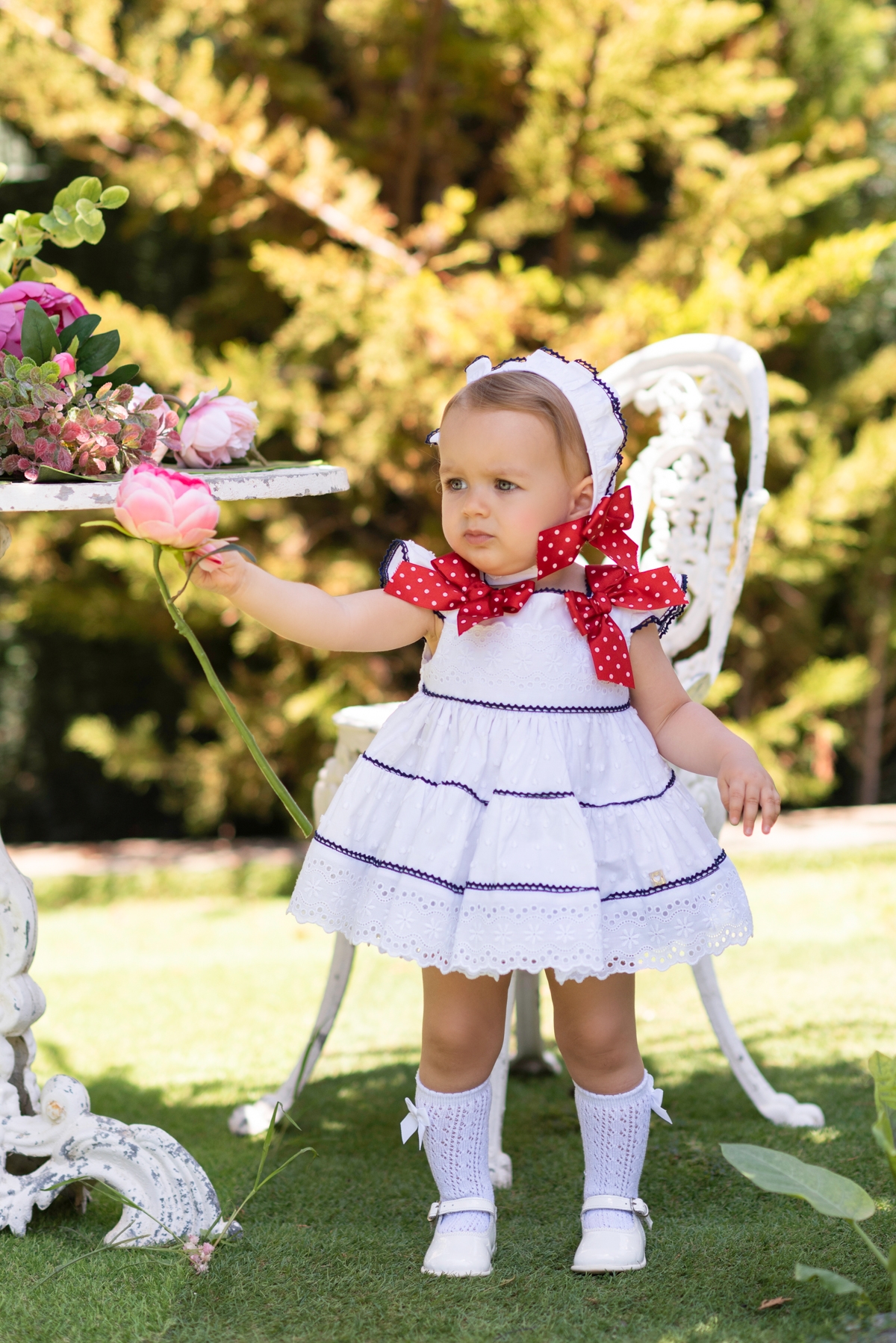 Dolce Petit Baby Girls White Cotton Polka Dot Piece Dress Set