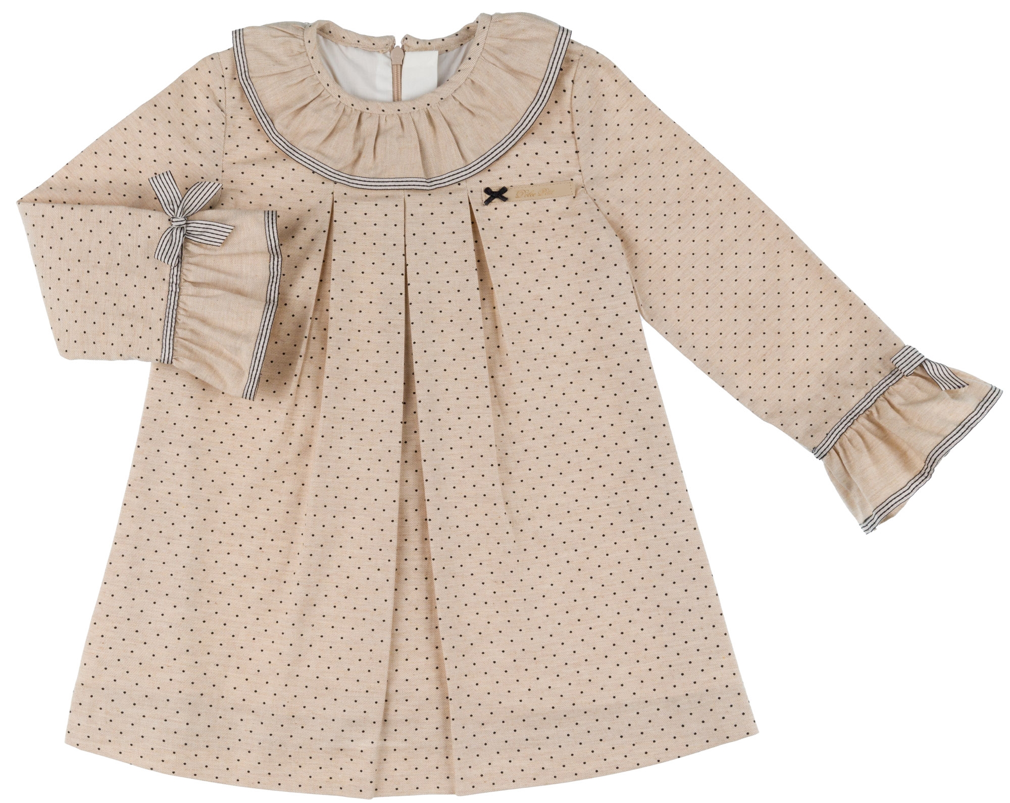 Dolce Petit Girls Beige Polka Dot Dress with Ruffle Collar Cuffs