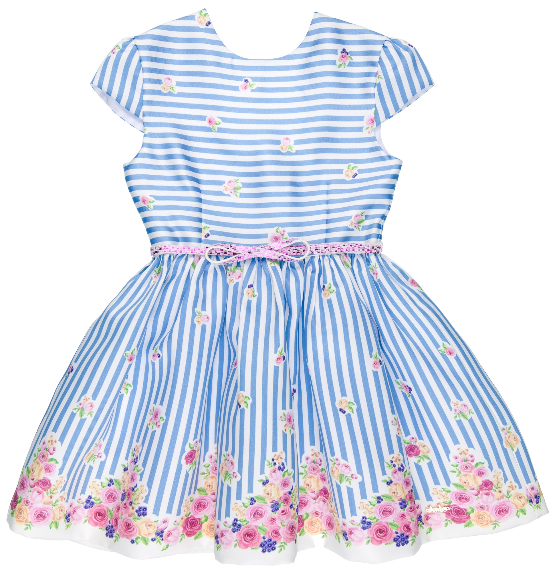 Dolce Petit Girls Blue Striped & Floral Print Dress | Missbaby