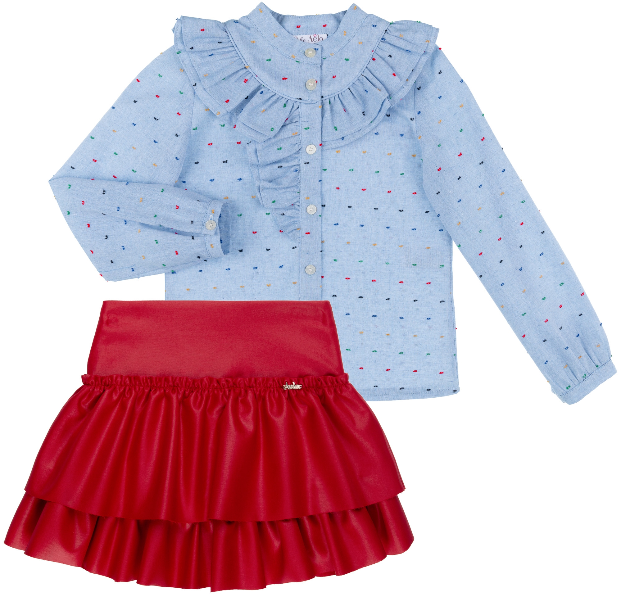 Astronave boleto Aniquilar Dolce Petit Girls Blue Cotton Shirt & Red Ruffle Skirt Set | Missbaby