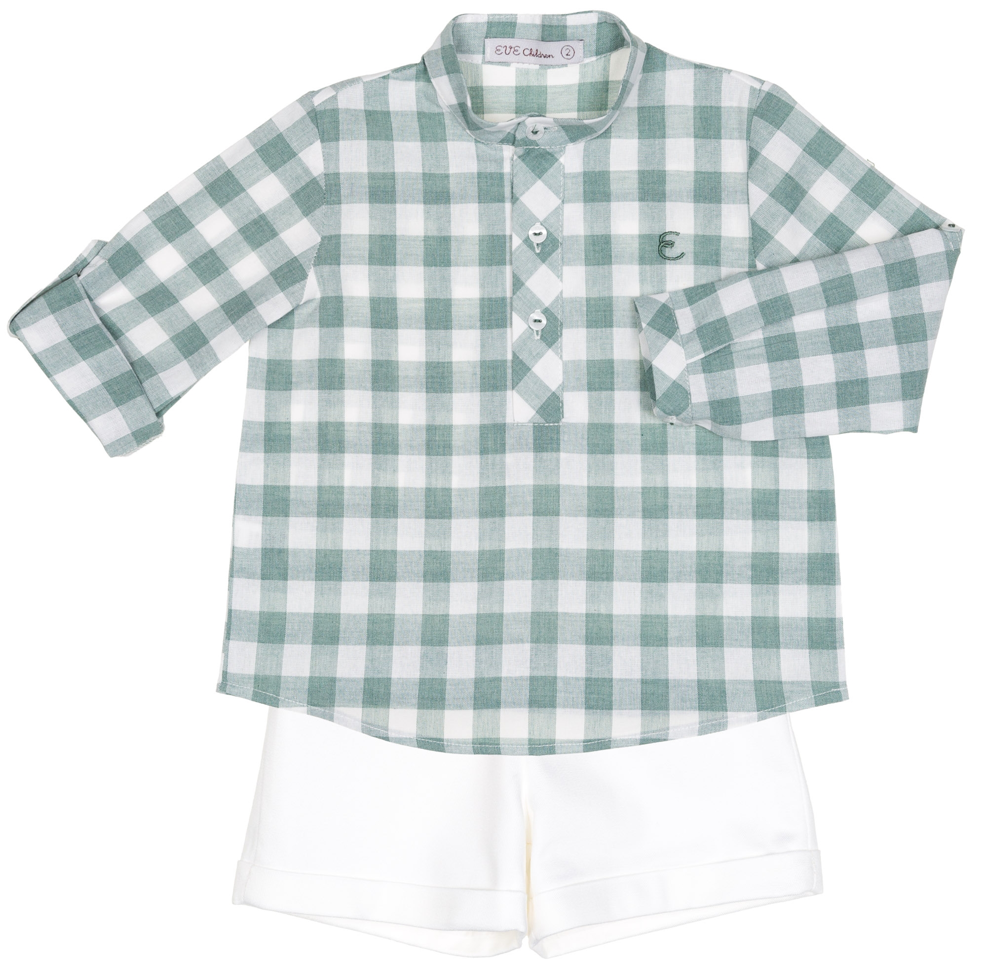 Children Conjunto Niño Camisa Cuadros Verde & Short Blanco |