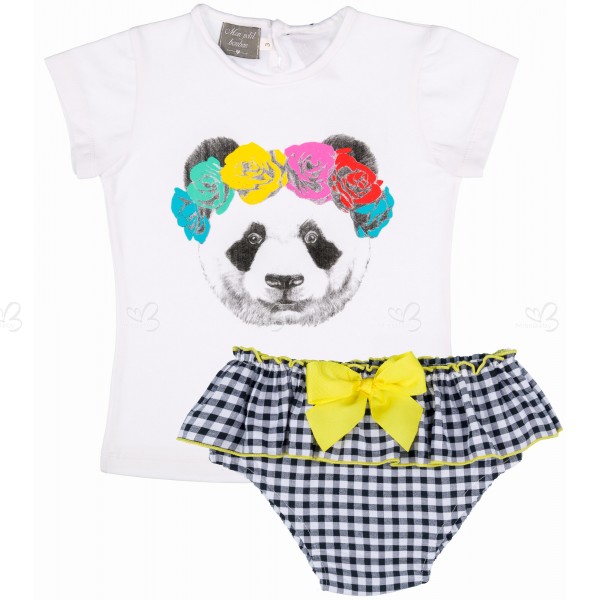 Mon Petit Bonbon Baby Girls Bear T Shirt Black Gingham Knickers Set Missbaby