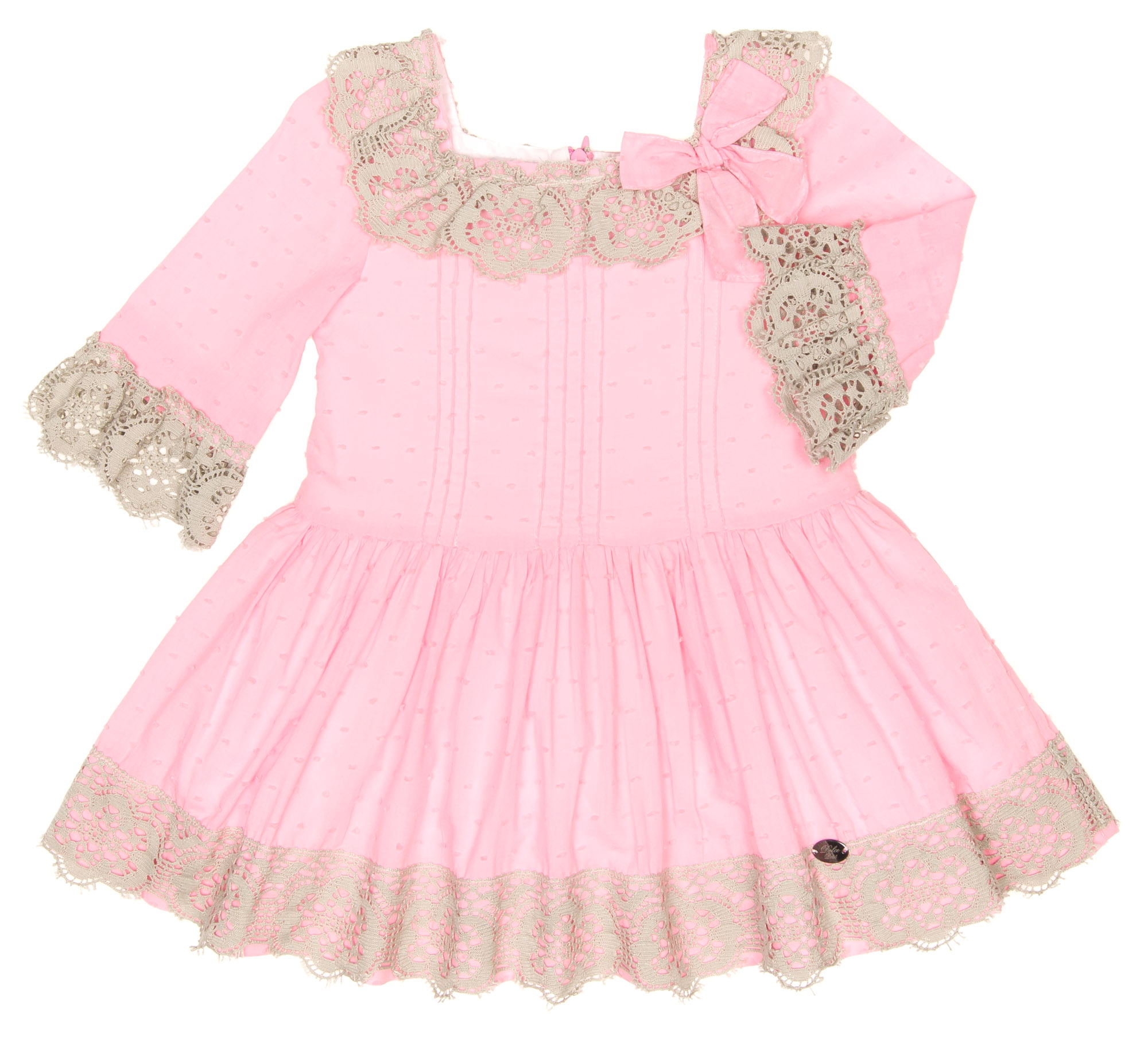 Dolce Petit Vestido Manga Francesa Plumeti Rosa Puntilla Beige