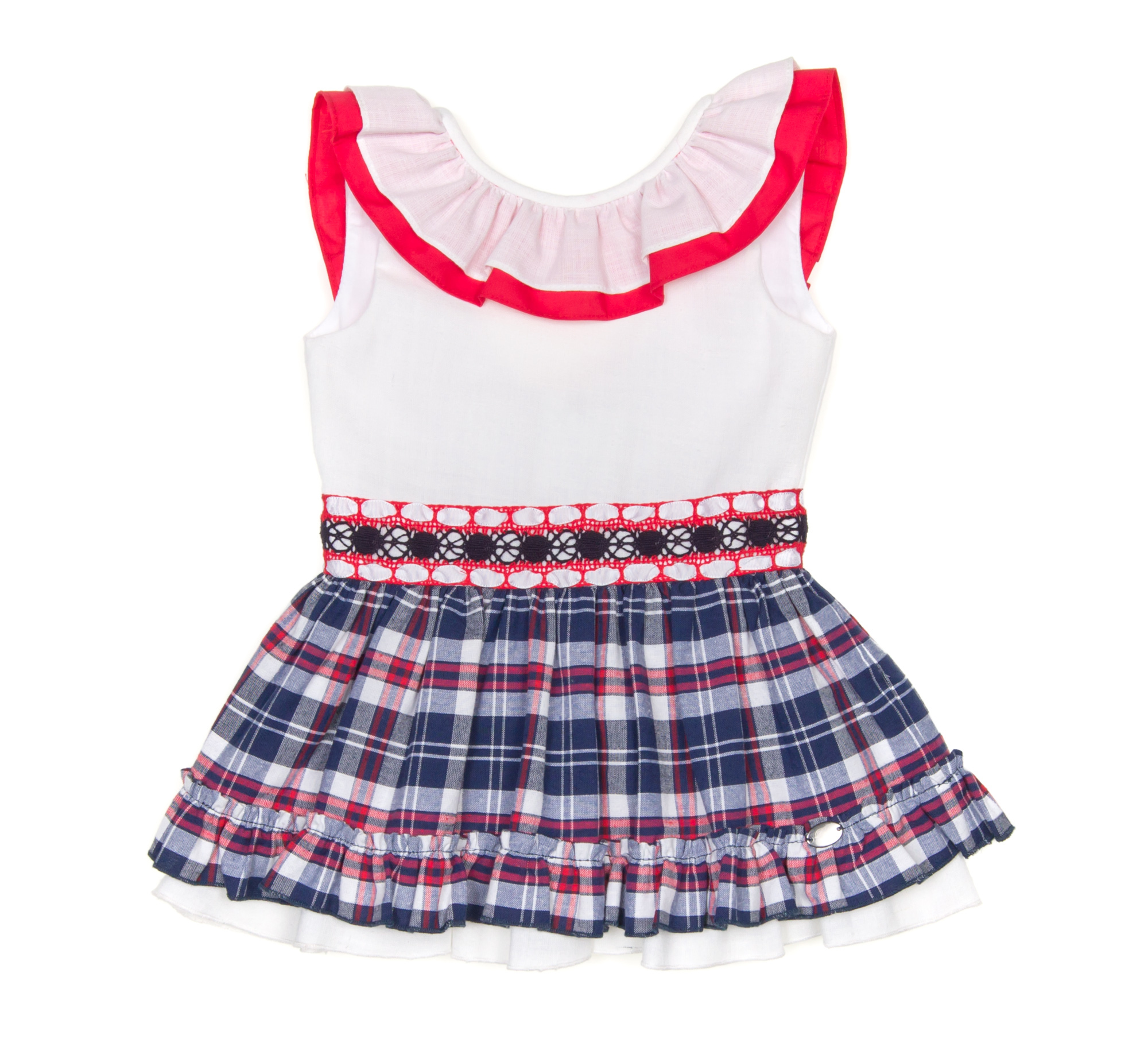 Dolce Petit Girls White Red Checked Dress with Ruffle Necklace