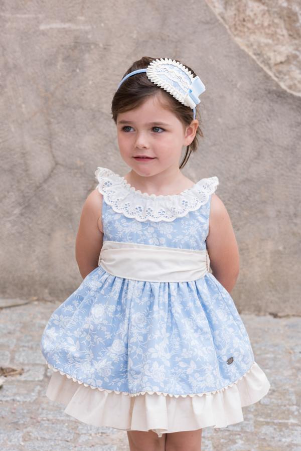 Dolce Petit Blue Ivory Floral Print Dress with Back Bow Missbaby