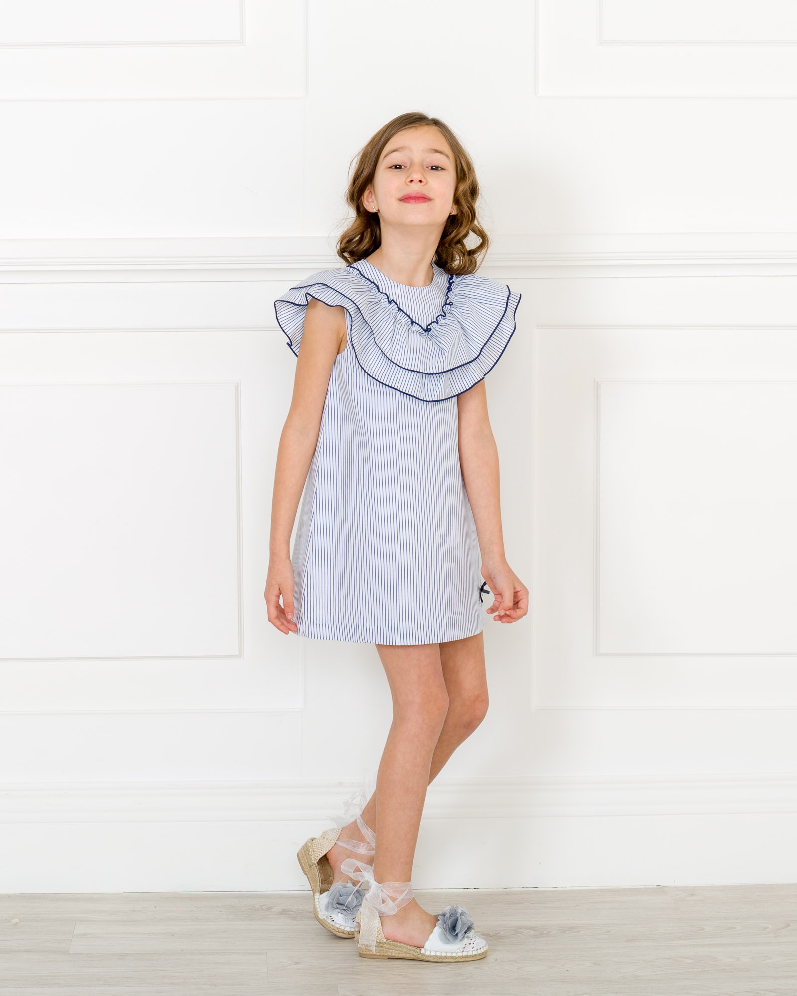 Girls blue and white striped dress sales