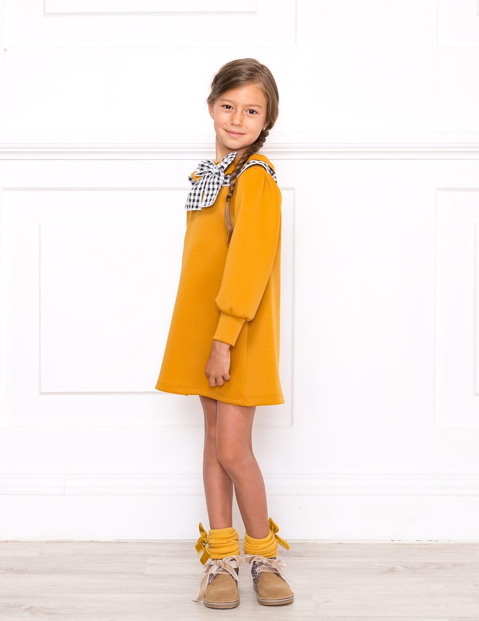 Girls Mustard Neoprene Dress & Beige Suede Boots Outfit | Missbaby Girls Mustard Neoprene Dress & Beige Suede Boots Outfit | Missbaby