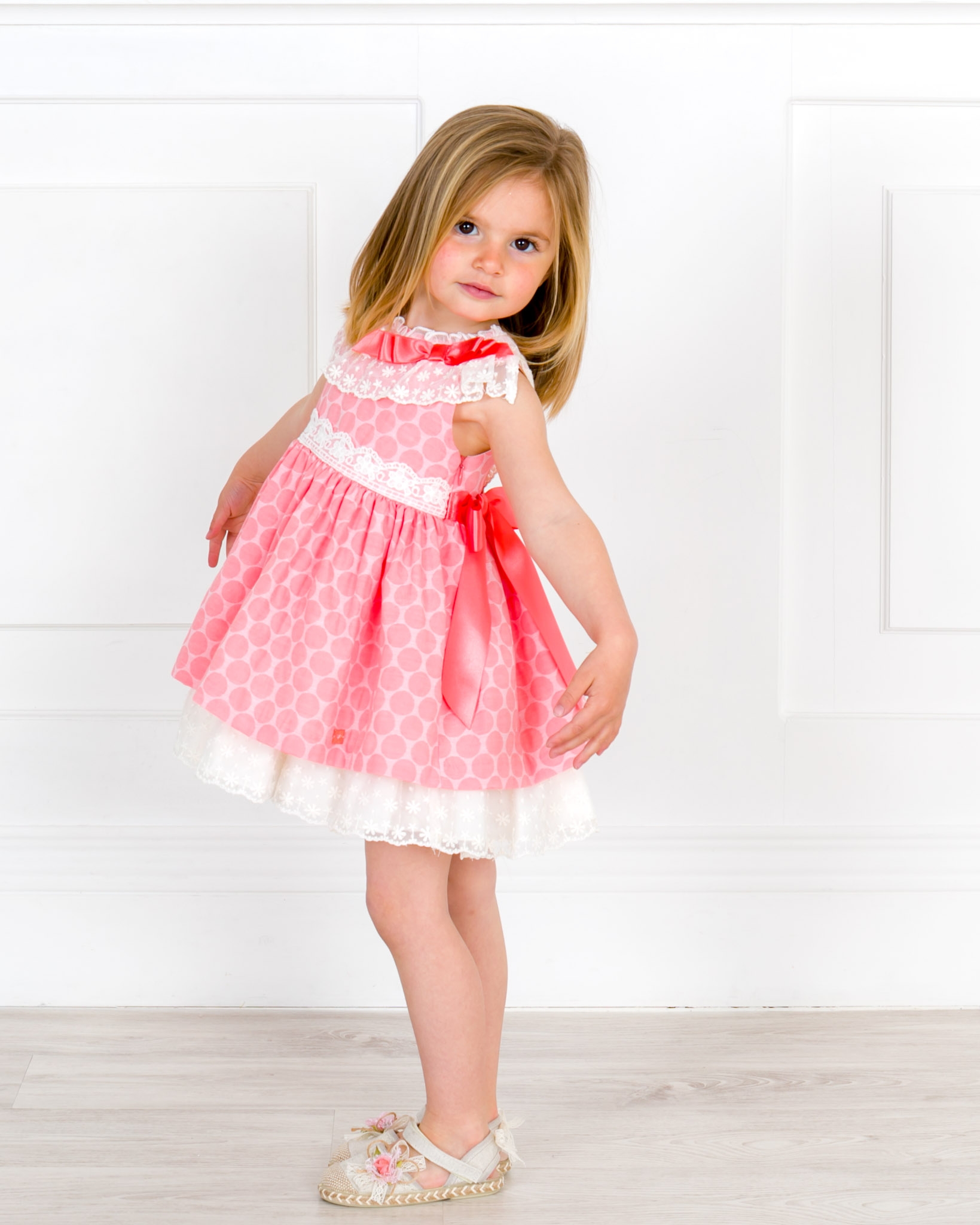 Campo de minas difícil pluma Dolce Petit Girls Pink & Ivory Jacquard Spotted Dress | Missbaby