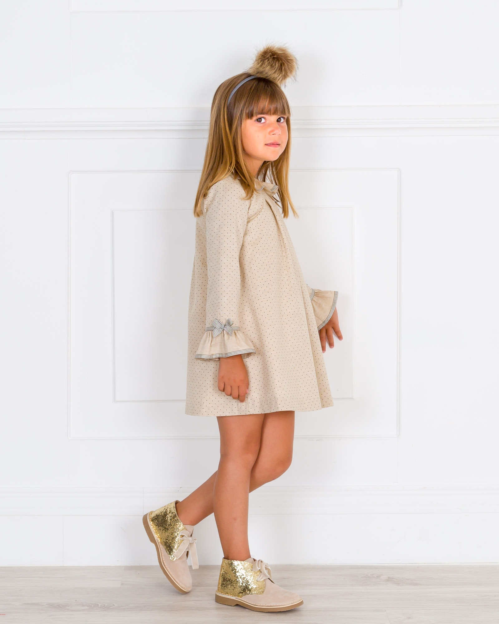 Girls Beige Polka Dot Dress & Glitter Boots Outfit | Missbaby