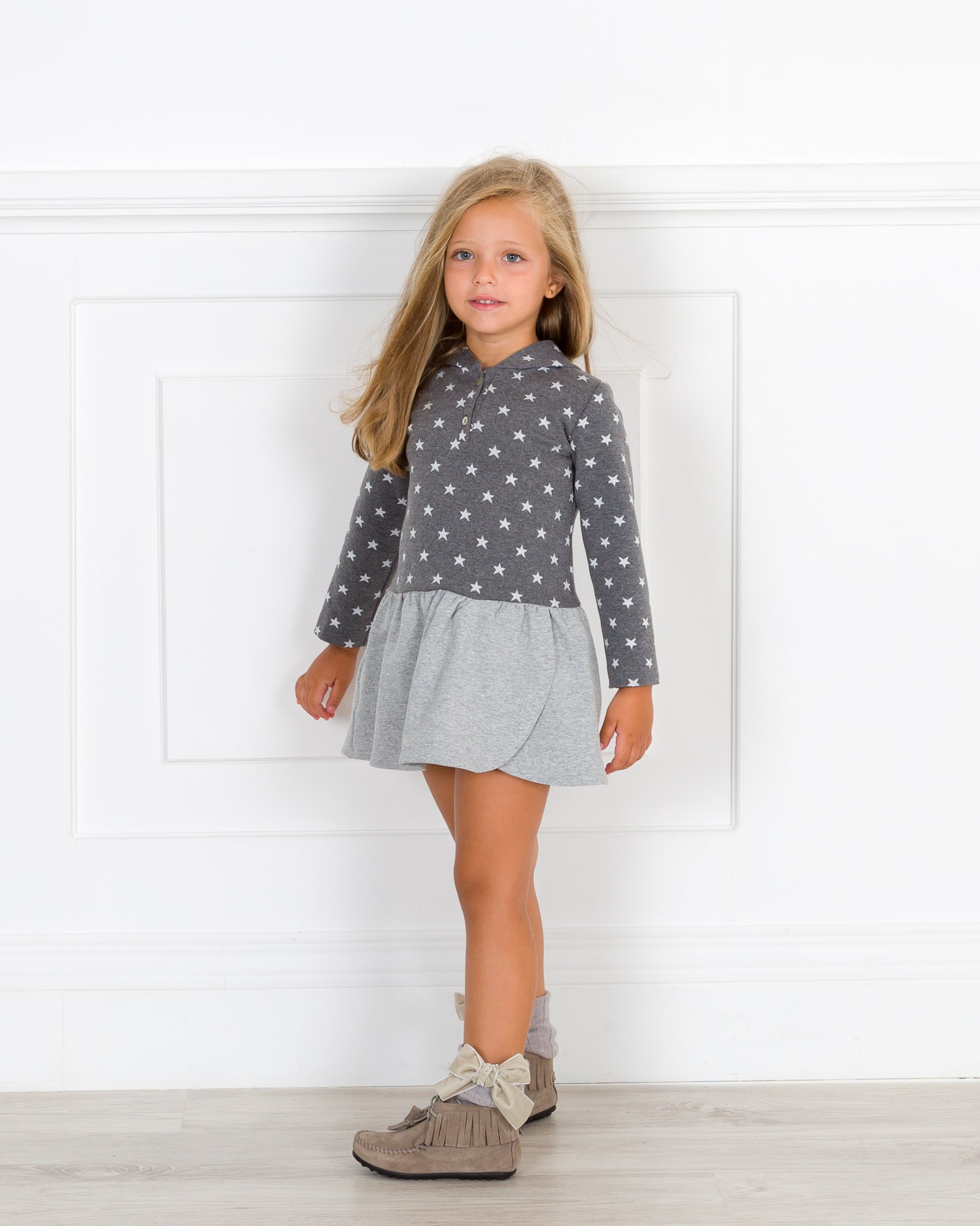 Girls Grey Star Print Hooded Jersey Dress Outfit